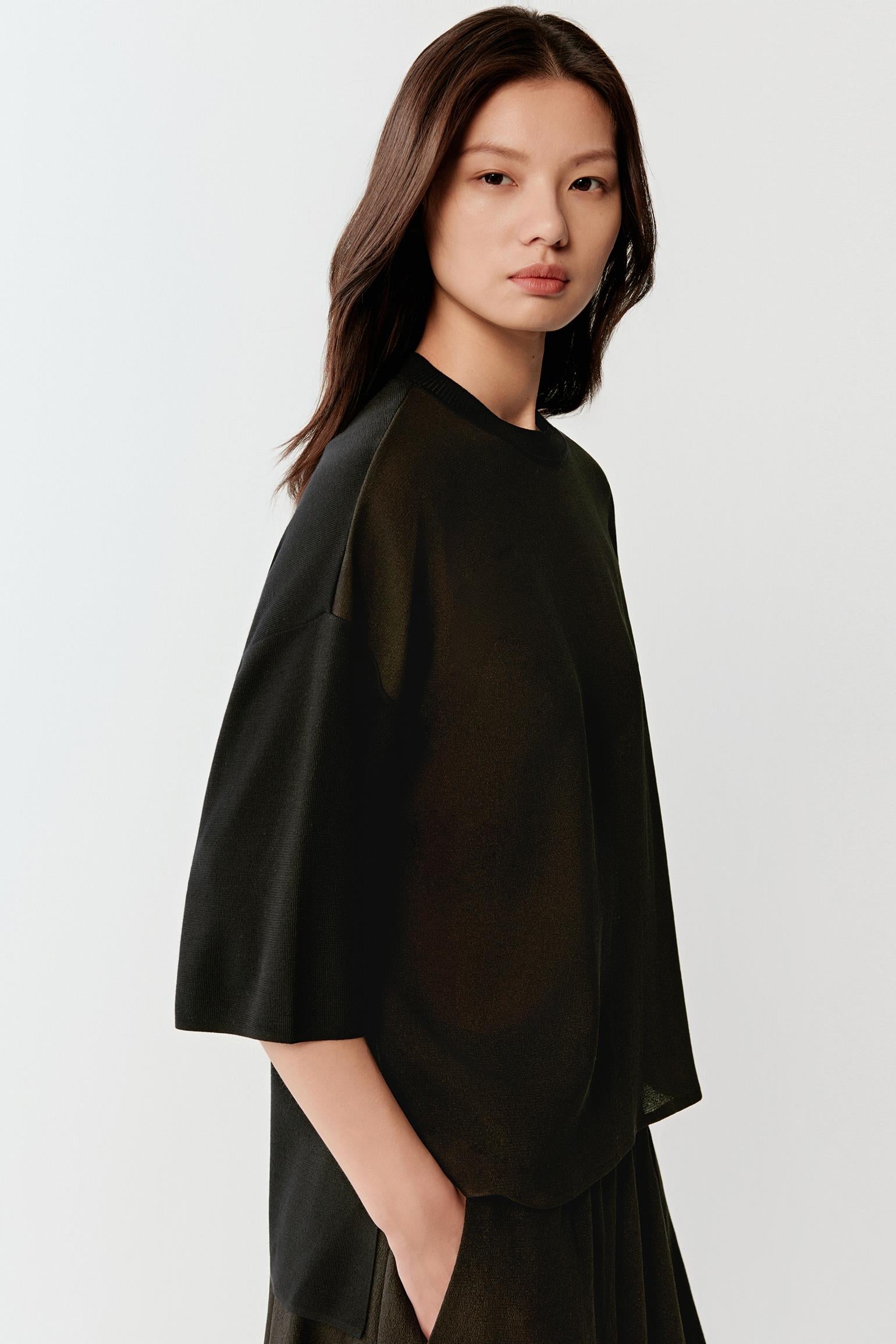 Close-up portrait focusing on the round neckline and upper knit texture, detailing the smooth fine jersey surface and softly matte black silk finish