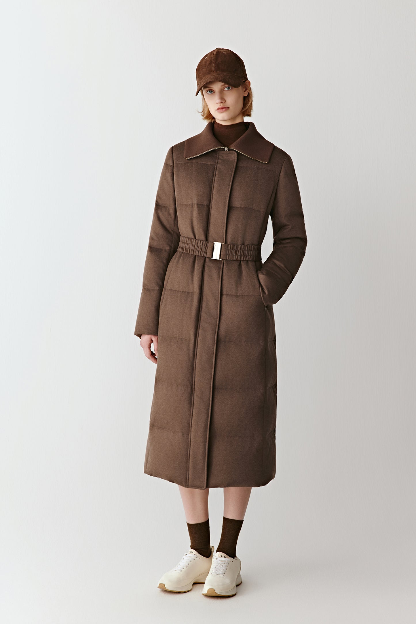 Doudoune longue en tweed de chameau et soie