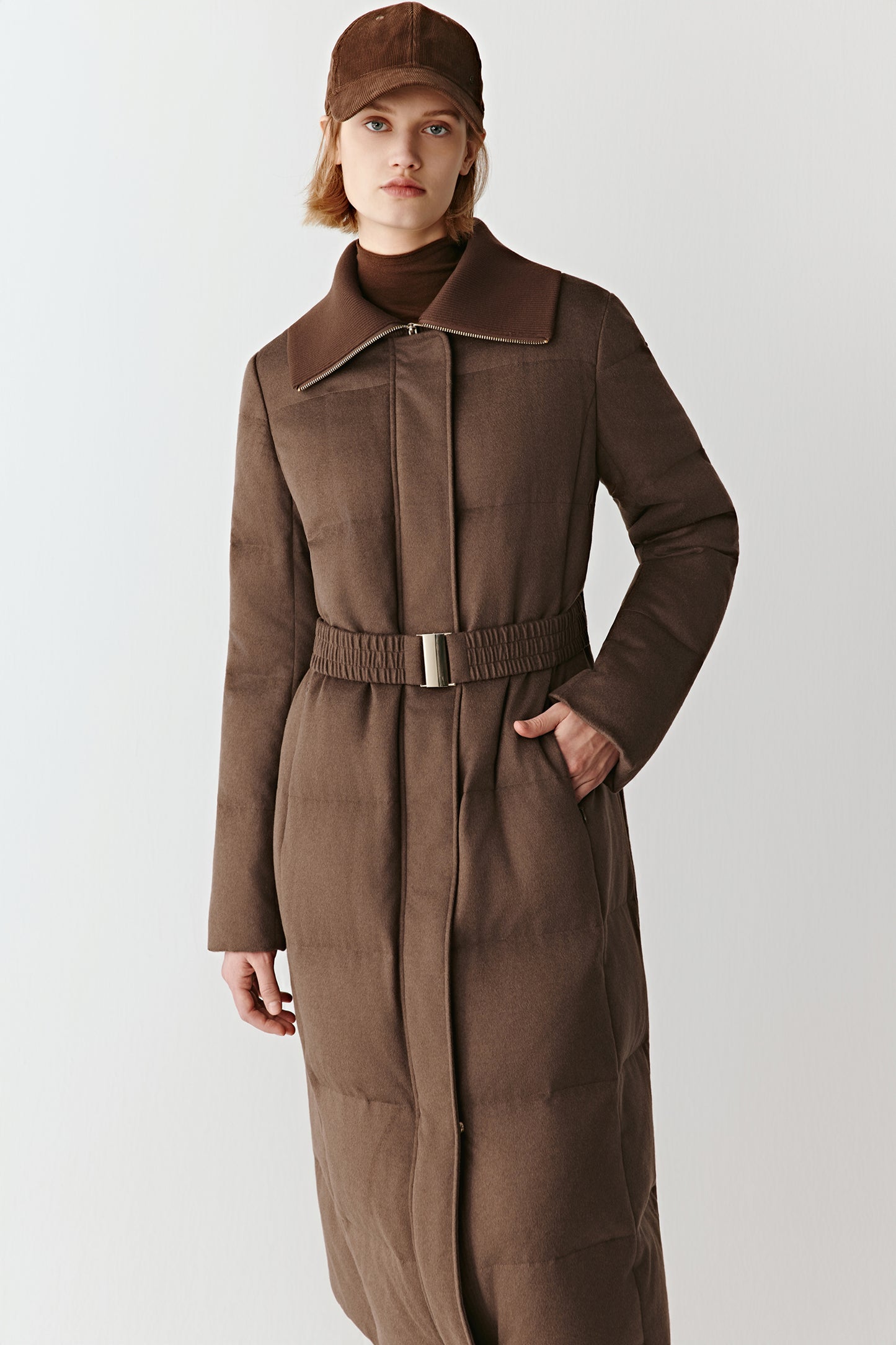 Doudoune longue en tweed de chameau et soie