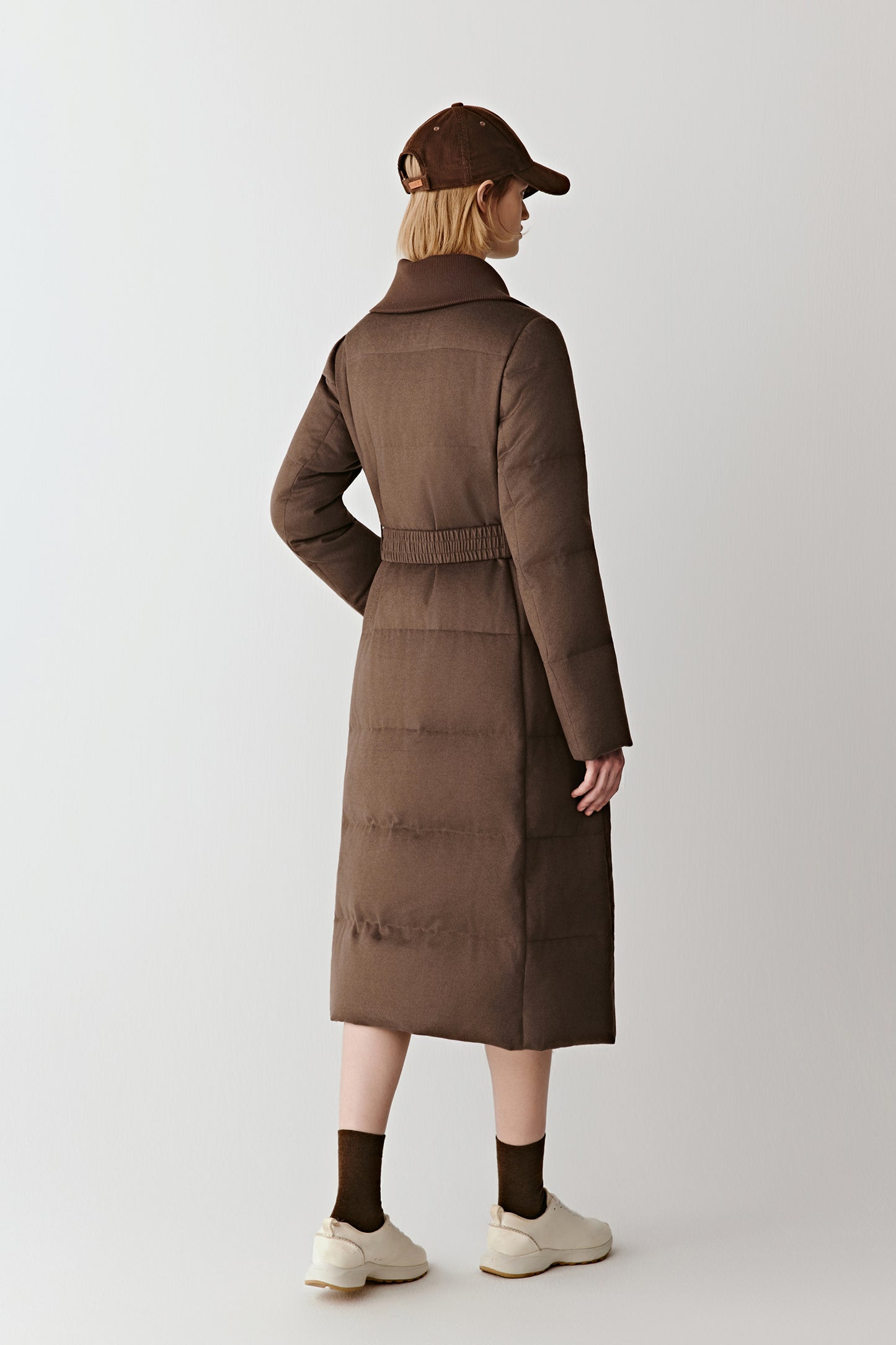 Doudoune longue en tweed de chameau et soie