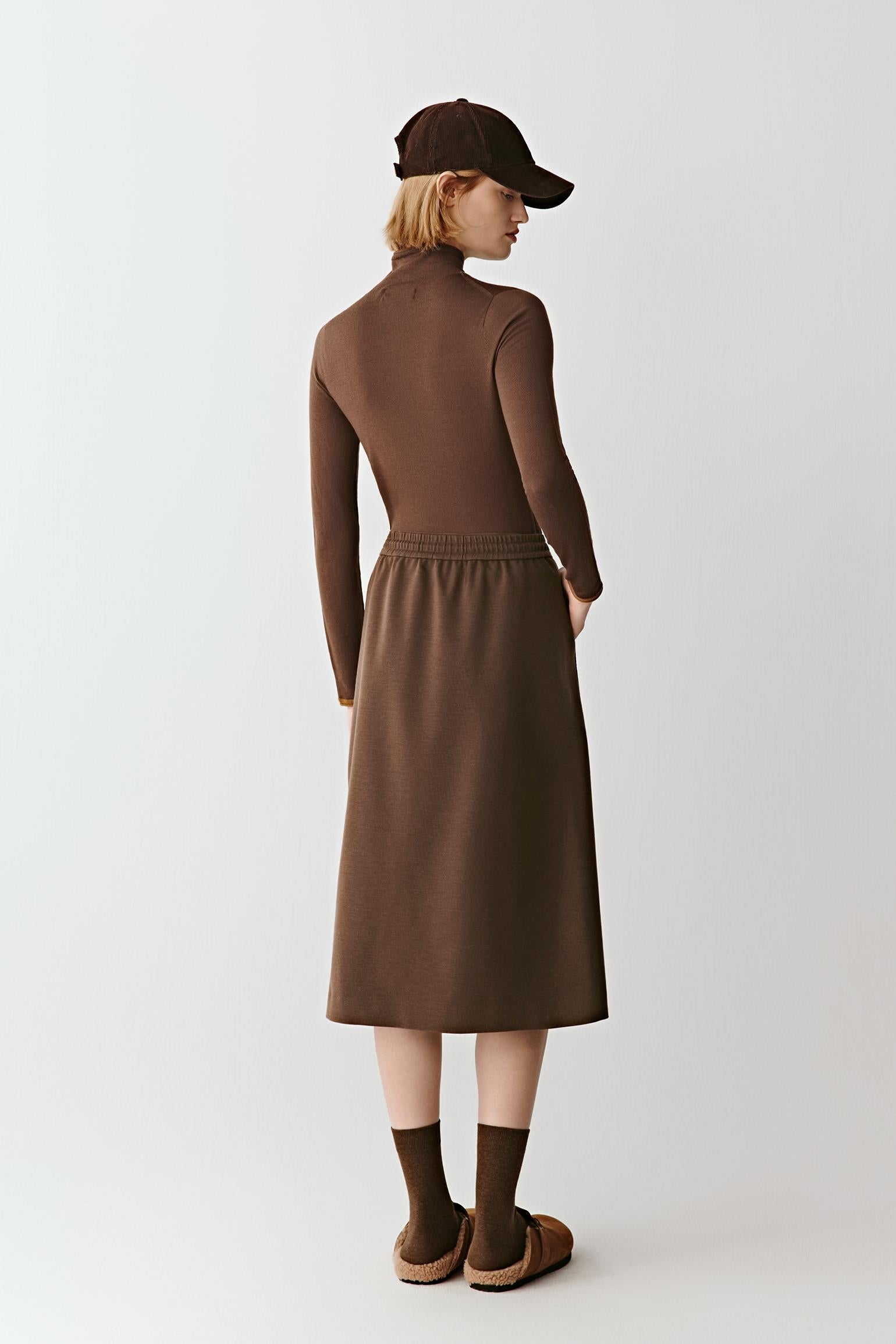 Back view of the red-brown merino wool mock-neck pullover dress, showing the clean lines and smooth knit surface.