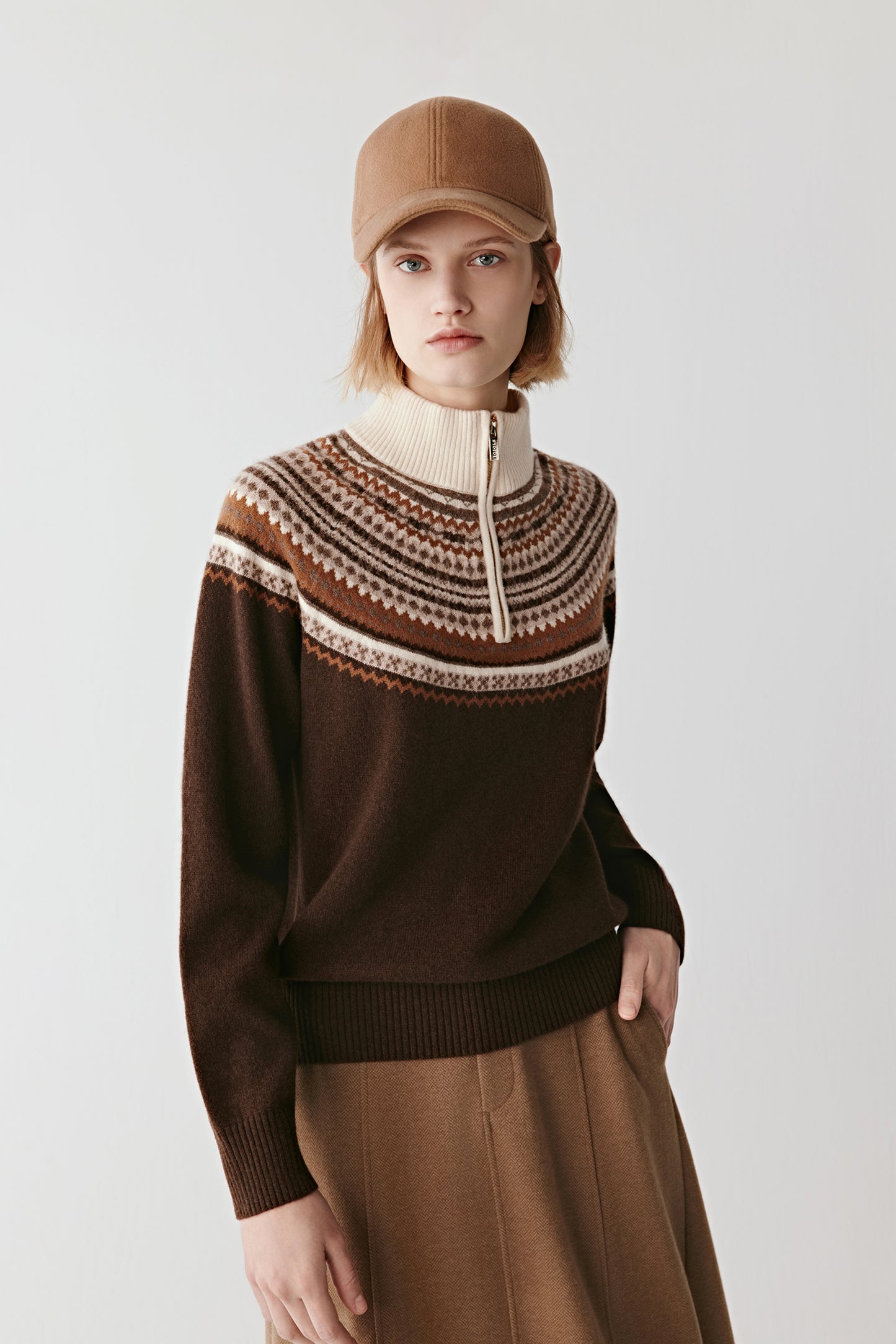 Pull à col zippé en laine de yak sans teinture