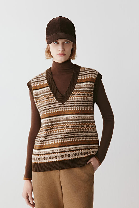 Gilet jacquard en laine de yak sans teinture