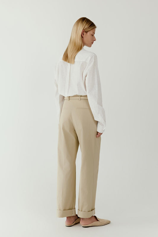 Pantalon droit en coton et soie stretch