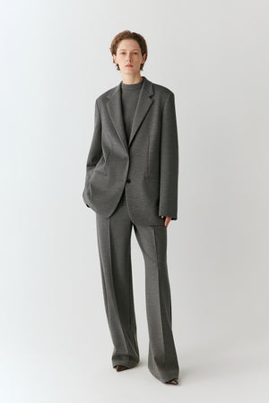 A model stands against a light gray studio background wearing a tailored gray suit with a single-breasted blazer, wide-leg trousers, and a dark gray mock-neck top.