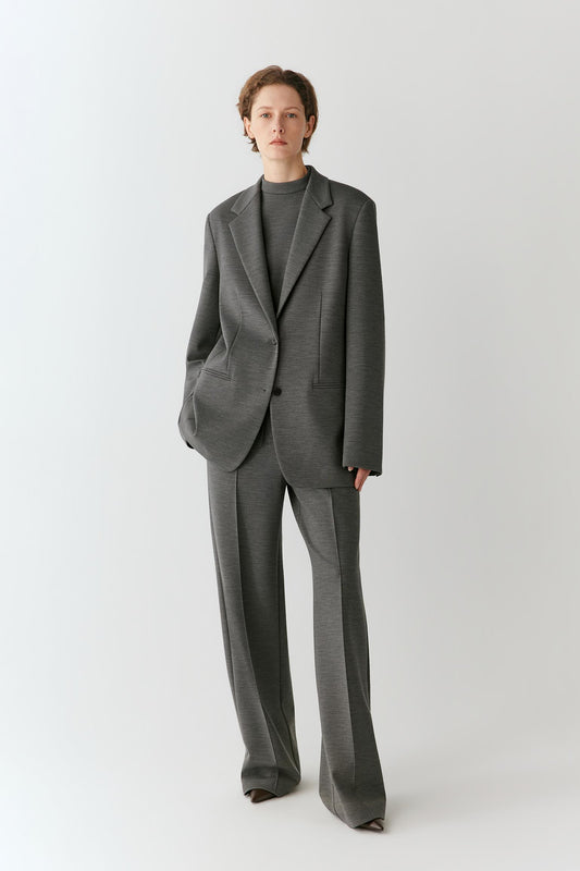 A model stands against a light gray studio background wearing a tailored gray suit with a single-breasted blazer, wide-leg trousers, and a dark gray mock-neck top.