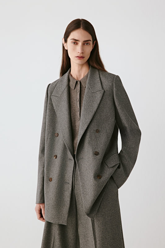 Front view of the grey melange double-breasted blazer showing clean tailored lines.
