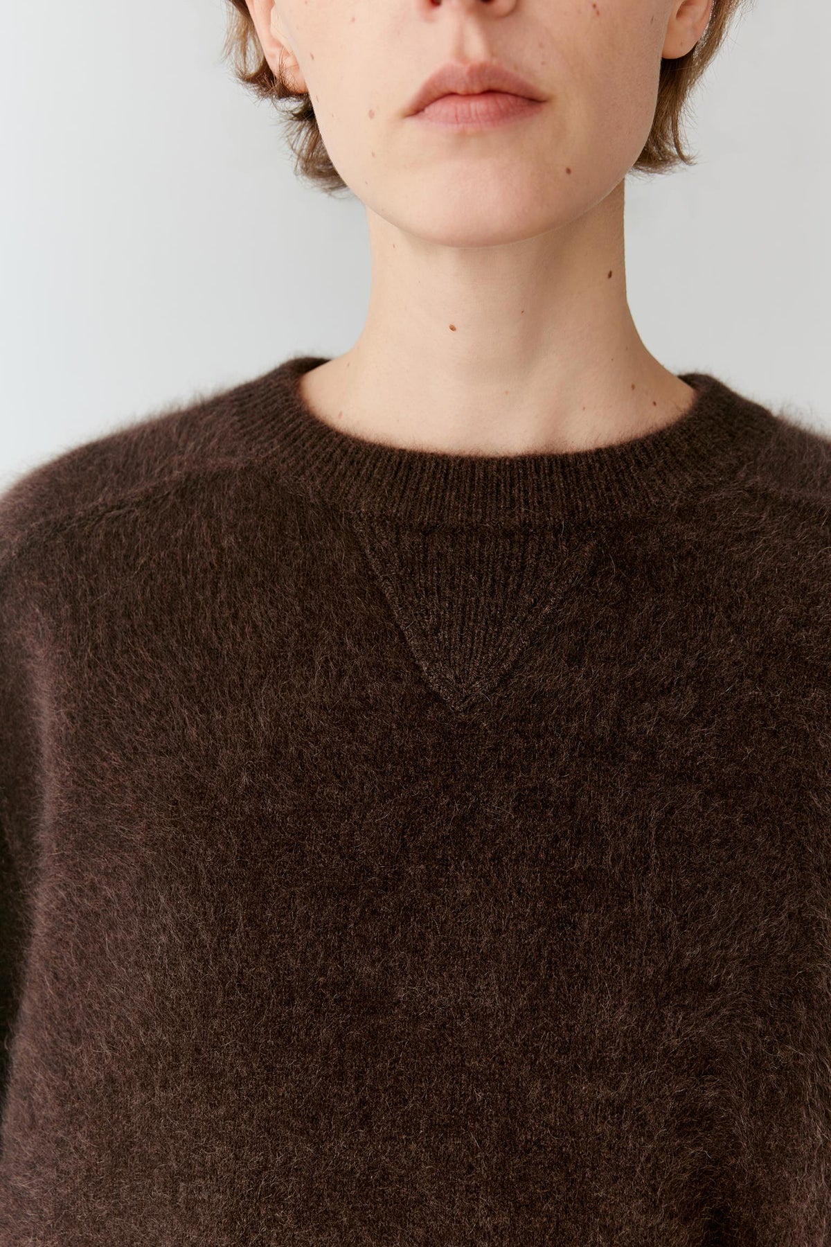 Close-up of a person wearing a dark brown fuzzy knit crewneck sweater against a light gray background.