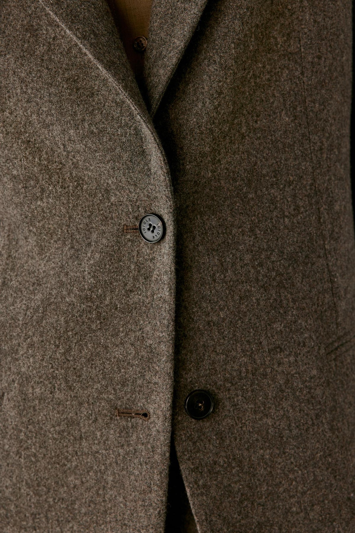 Close-up showing the button fastening and textured woven surface of the grey melange tweed wool blazer.