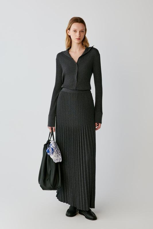 Full-length view of a woman wearing a grey melange pleated wool skirt, showing the long silhouette and fluid pleated construction.