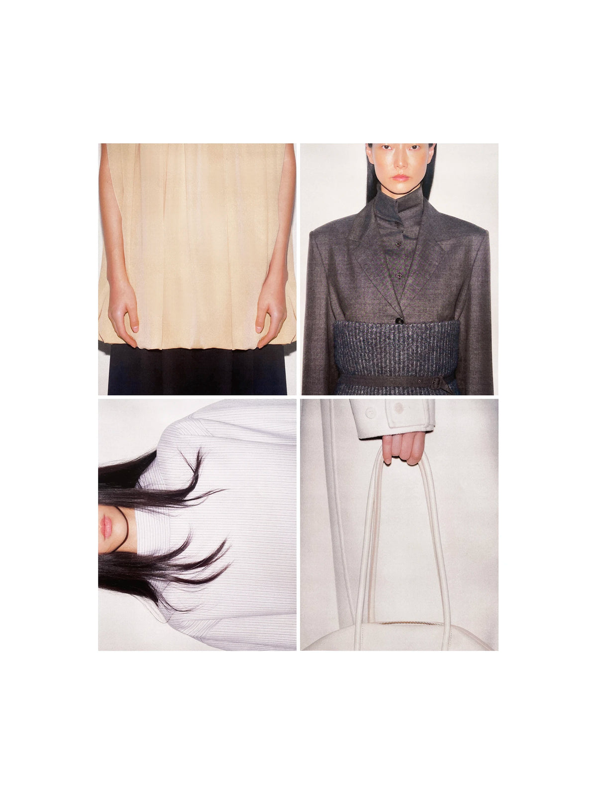 Four-image editorial collage: top left, a sleeveless sand-coloured pleated silk top over a dark navy skirt; top right, a model wearing a cropped dark grey check double-breasted blazer with a high turtleneck and a wide indigo woven cummerbund waistband; bottom left, a close-up of a white fine-pleat fabric with dark hair falling across it; bottom right, a hand holding a structured ivory leather trapeze top-handle bag with fine stitching detail. AW26 Icicle Atelier Women.