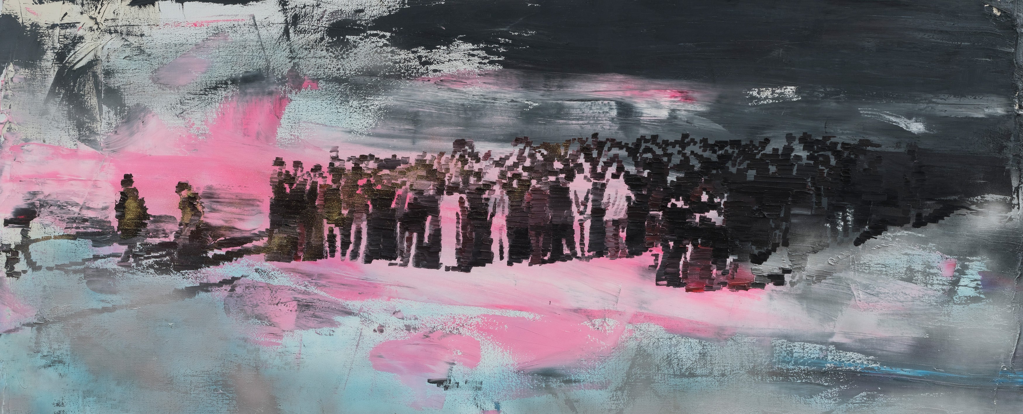 Artwork with a group of people standing on a colorful, abstract landscape with pink and blue hues.