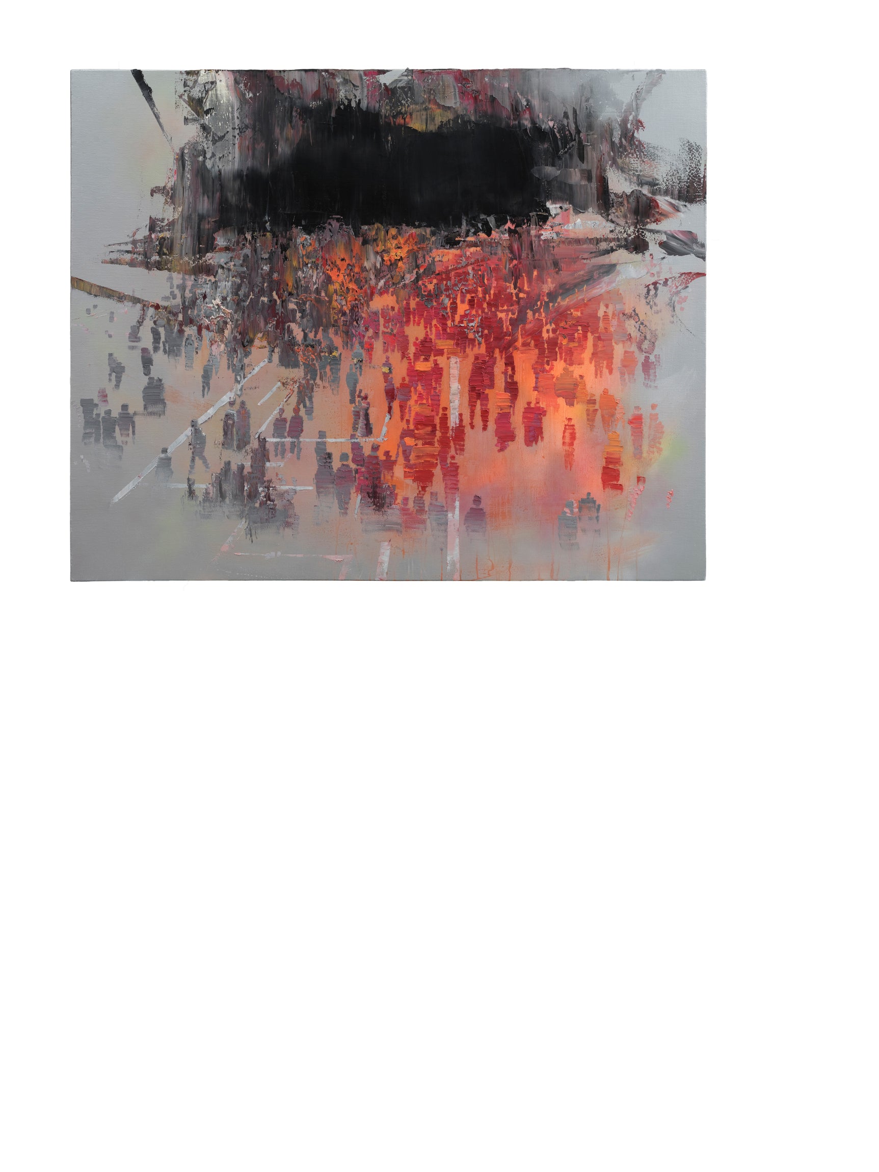 Abstract art piece with red and orange hues on a white background