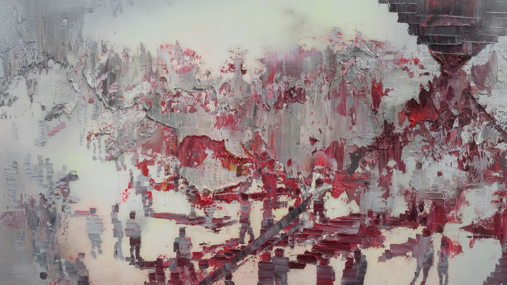 Abstract artwork with red and gray colors