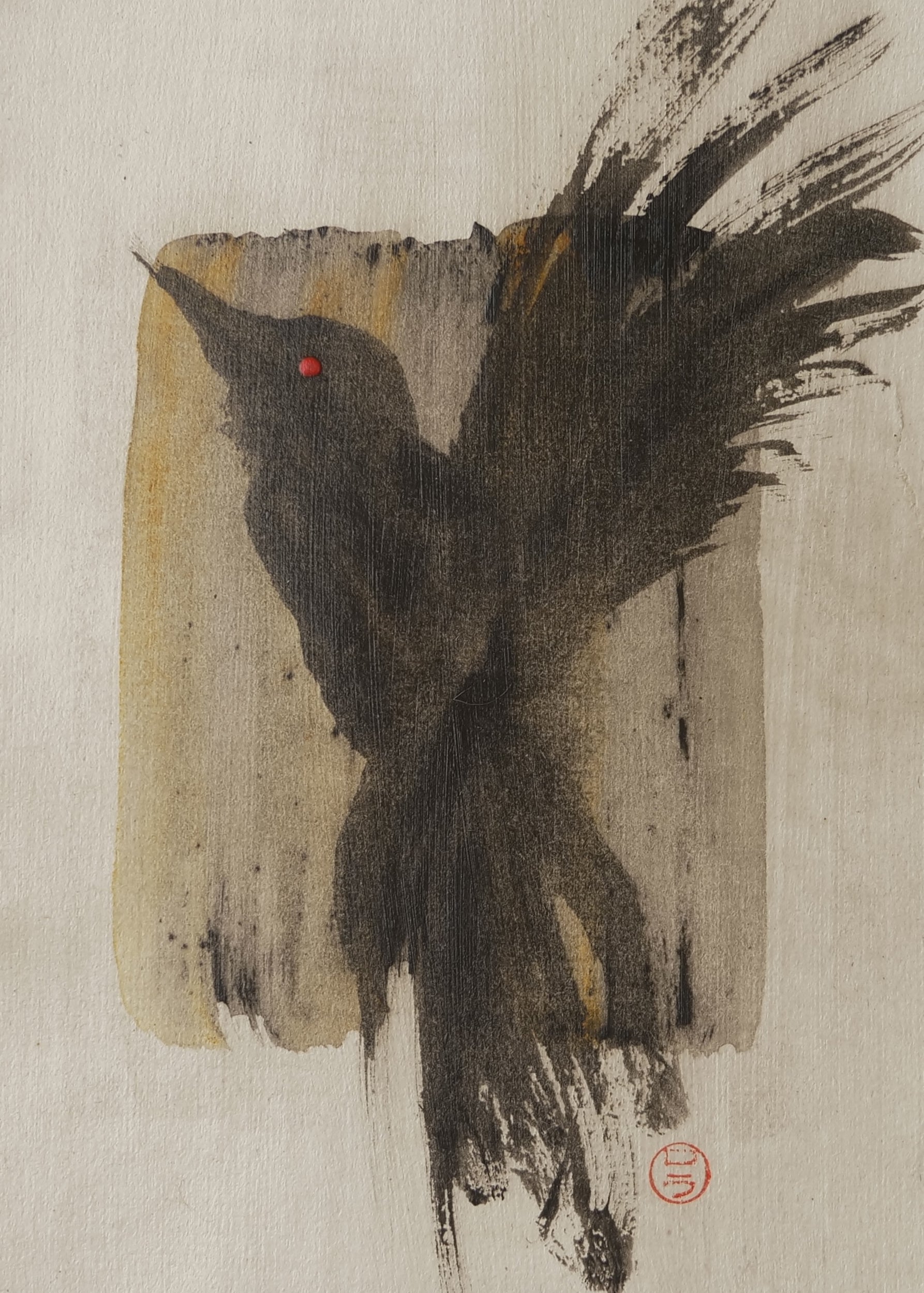 Artistic depiction of a bird with a red eye on a textured beige background