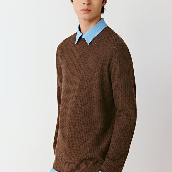 Product video showing a brown wool pullover worn with light trousers, rotating to display the fit, knit texture, neckline, sleeves, and overall silhouette from all angles.