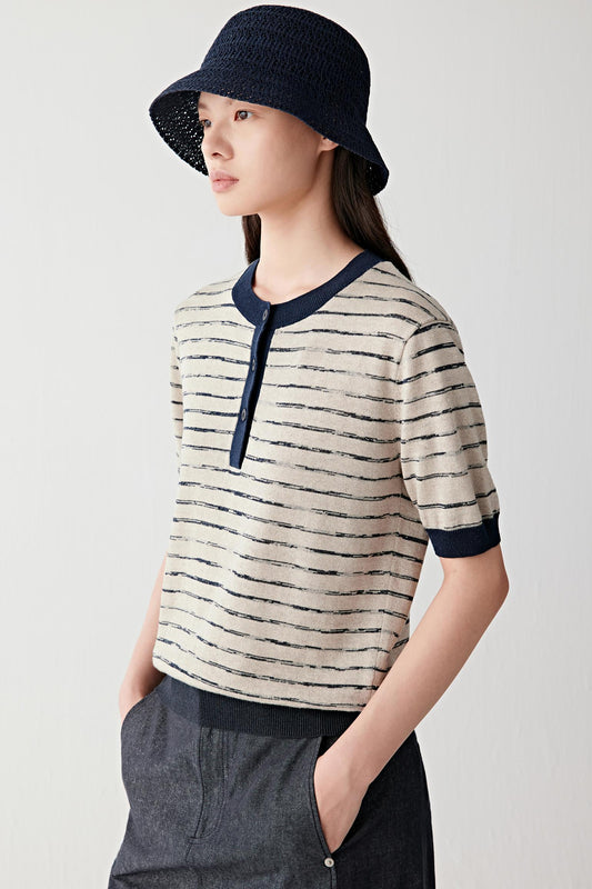 Video showing walking movement, highlighting fluidity of the knit, breathability and natural drape across torso and sleeves