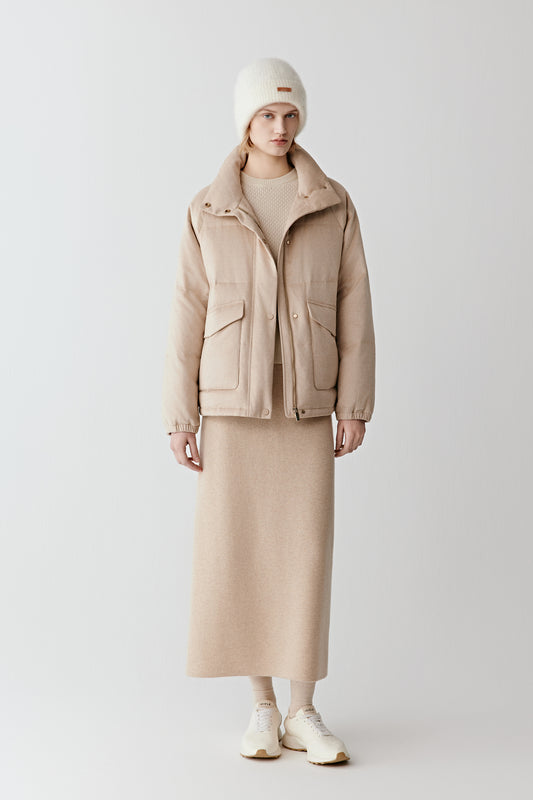 Down Coat in Camel Silk Tweed