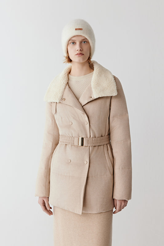 Down Coat in Camel and Silk Tweed