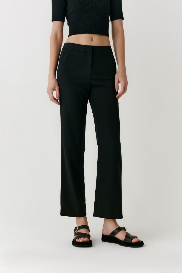 Cropped straight leg stretch silk trousers
