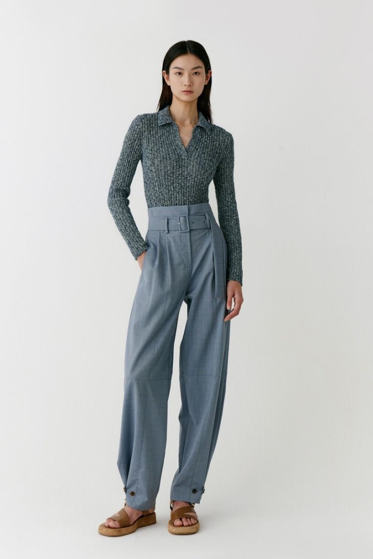 Pantalon taille haute à rayures en toile de laine