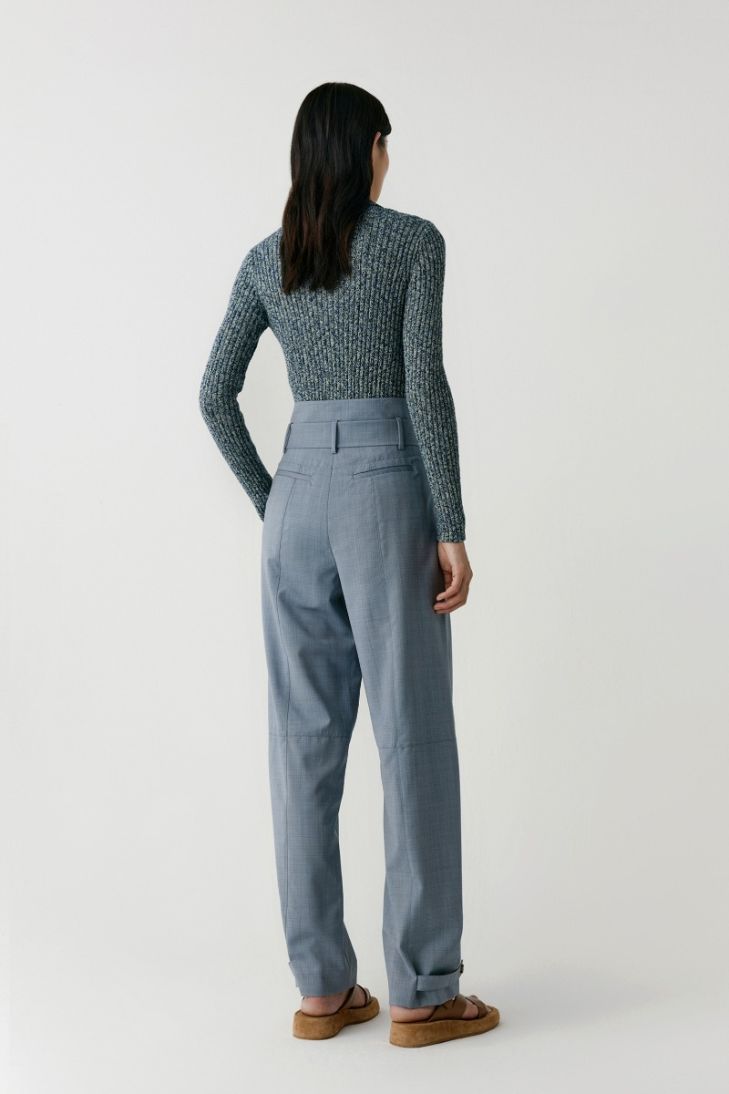 Pantalon taille haute à rayures en toile de laine