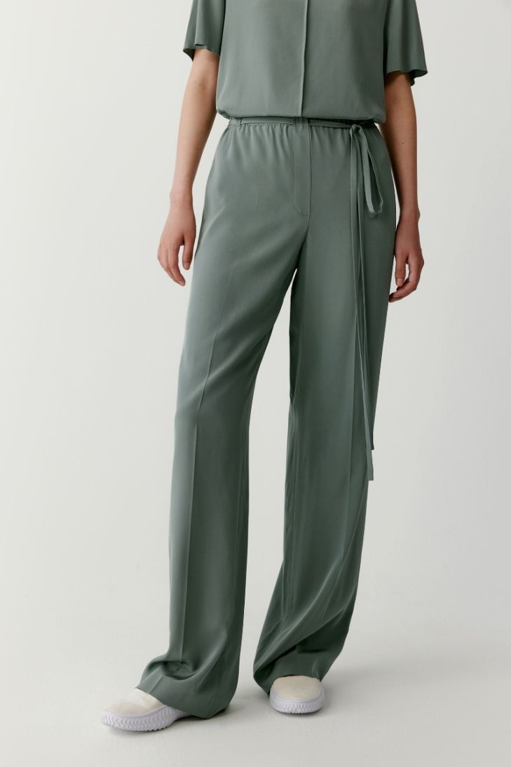 Straight leg silk trousers with elasticated waist