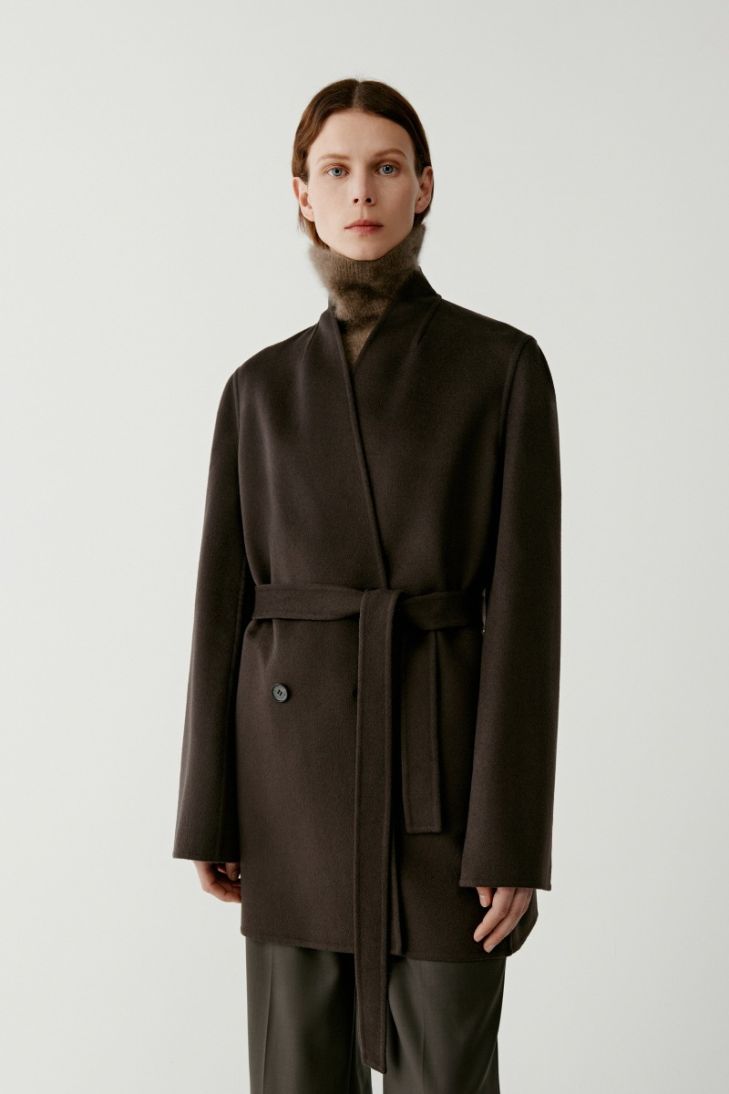 Belted double face wool and silk pea coat
