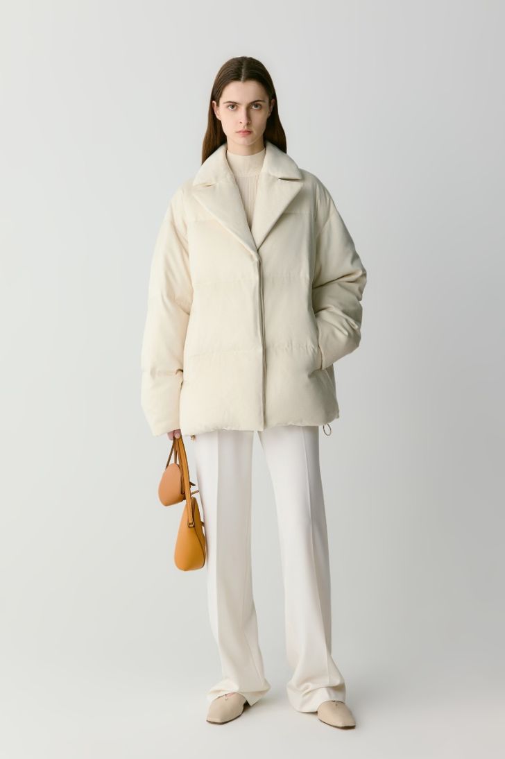 Lapel collar silk and camel wool down coat