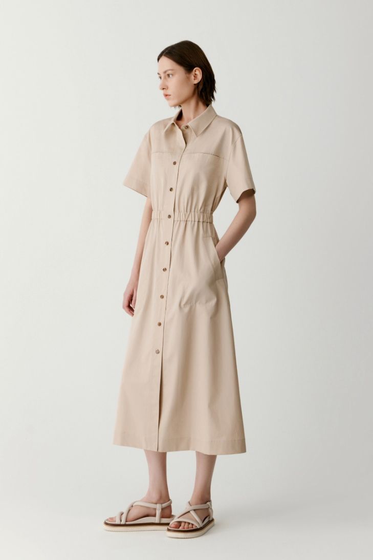 Long flared cotton and linen twill dress