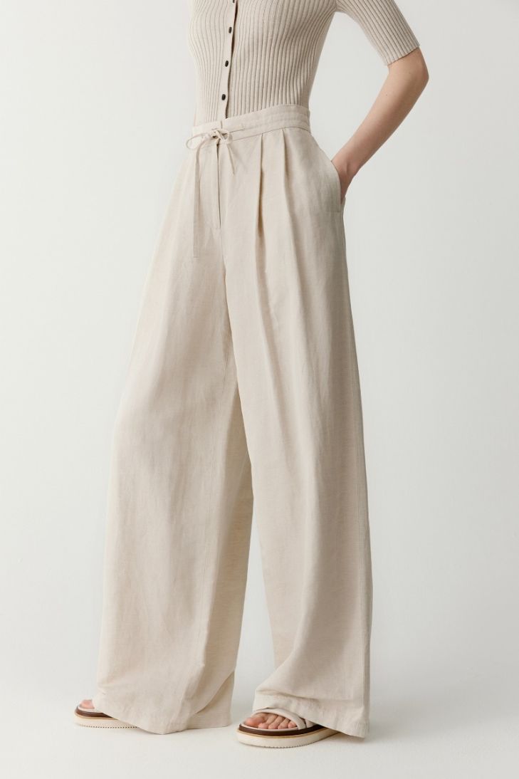 Pleated linen, silk and cotton twill trousers
