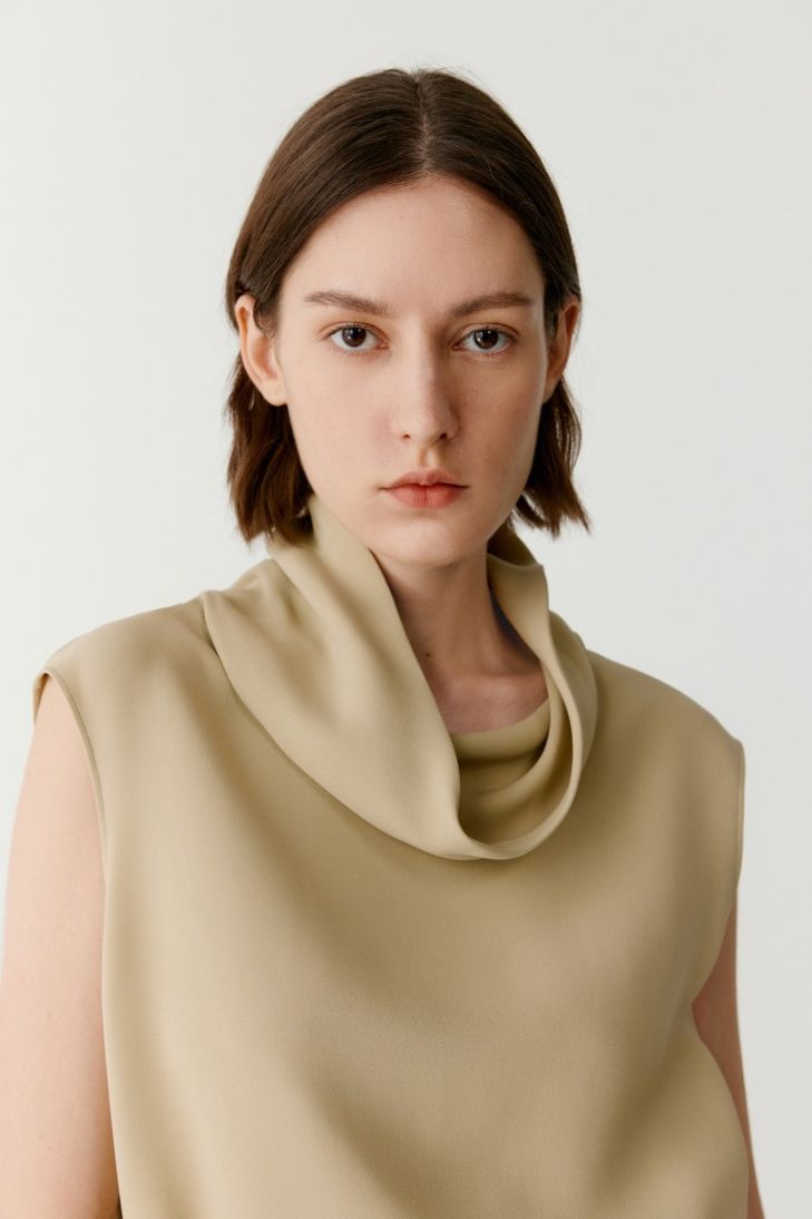 Silk crepe blouse with cowl collar