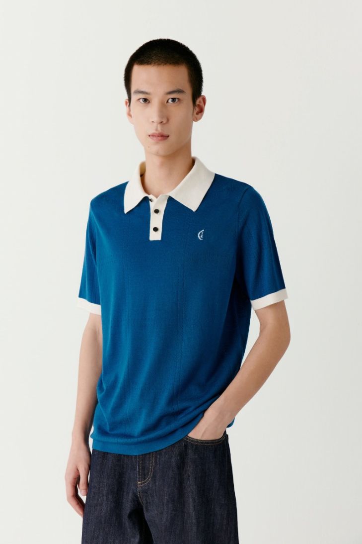 Two-tone merino wool polo shirt