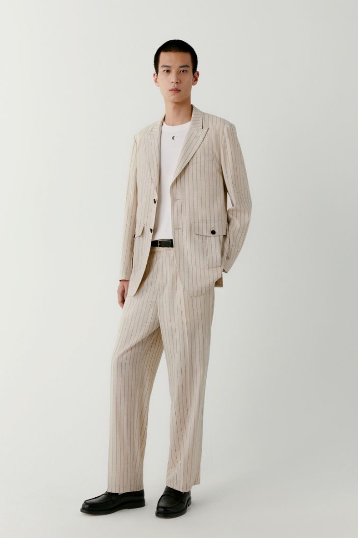 Wide leg striped wool, silk and linen-blend trousers