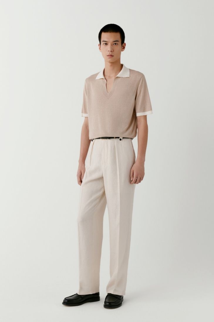 Short-sleeved linen and silk jumper with polo collar