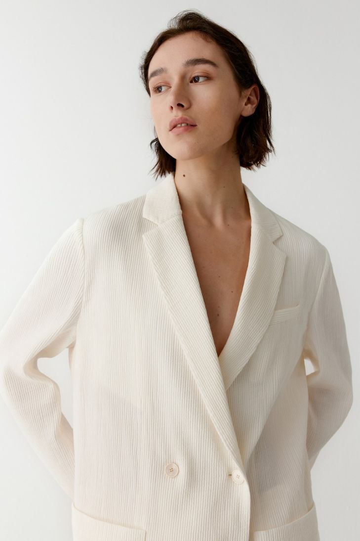 Double-breasted pleated cotton jacquard blazer