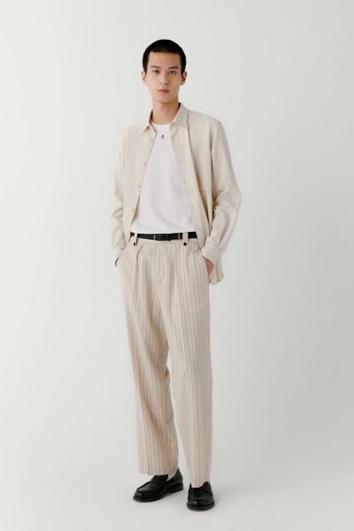 Pantalon ample à rayures en laine, soie et lin