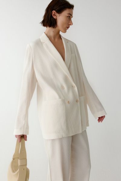 Double-breasted pleated cotton jacquard blazer