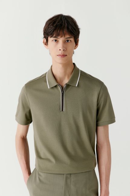 Zippered cotton and silk pique polo shirt