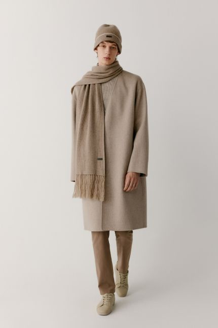 Collarless double-faced cashmere coat