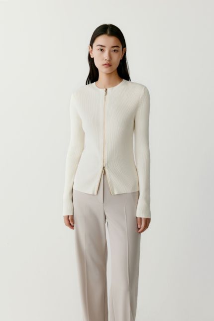 Ribbed zippered silk and cotton cardigan