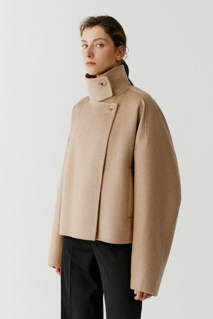Stand collar double face camel wool coat