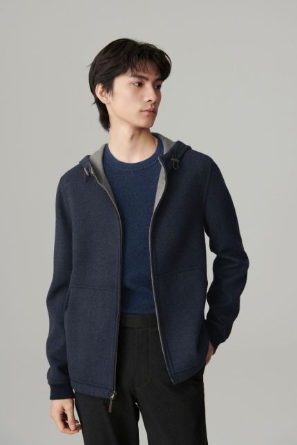 Reversible hooded double face wool jacket