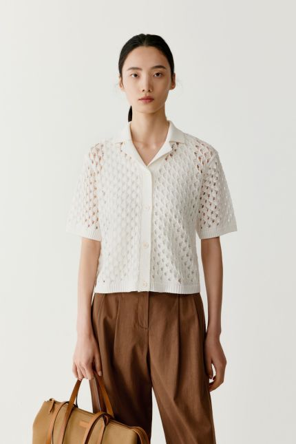 Short-sleeved open-knit cotton cardigan