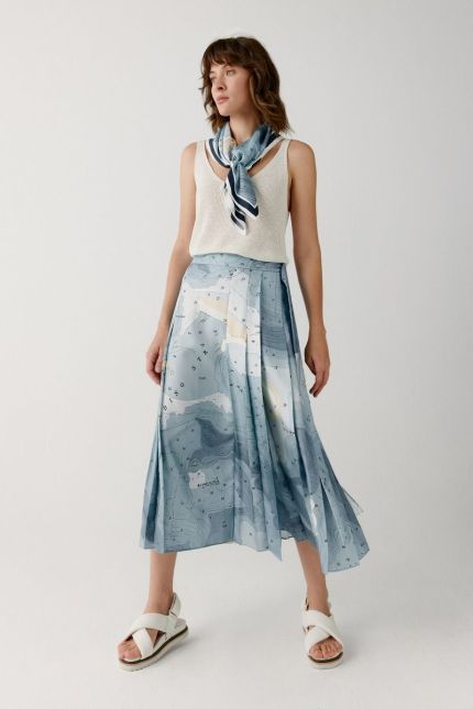 Pleated silk printed skirt