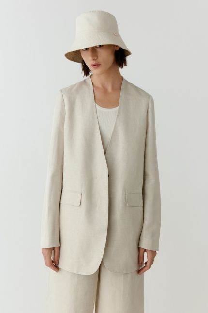 Collarless linen and silk-blend blazer