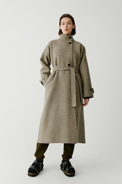 Belted checkered double face wool and cashmere coat