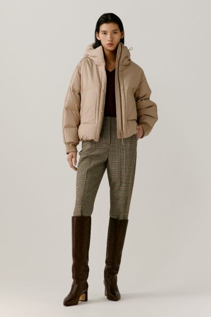 Worsted Wool and Silk Hooded Down Coat