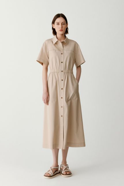 Long flared cotton and linen twill dress