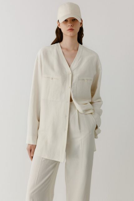 Silk and linen-blend V-neck blouse